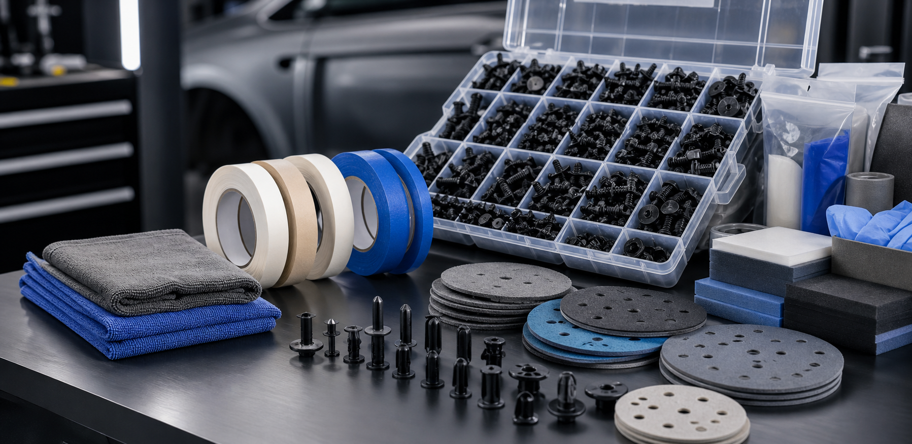 Organised garage consumables including trim clip boxes, masking tape, sanding discs and detailing cloths